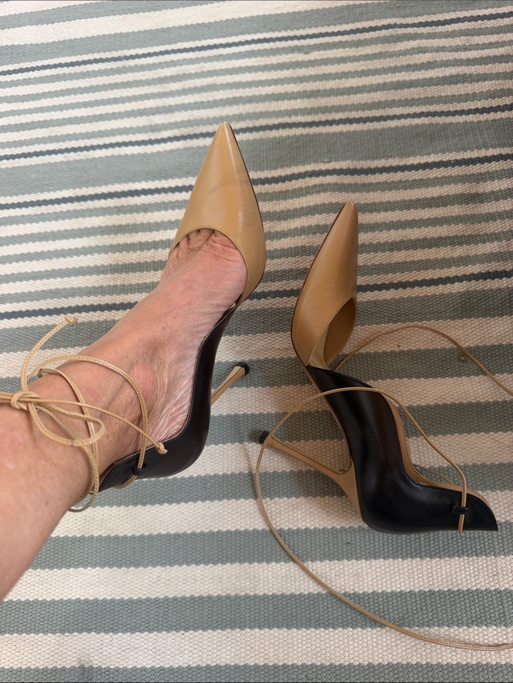 Two-Tone Pointed Lace-Up Stiletto Heels in Tan and Black